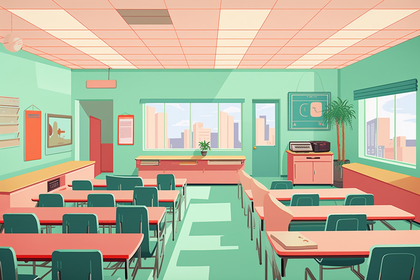 Salle de classe vide en rose et verte