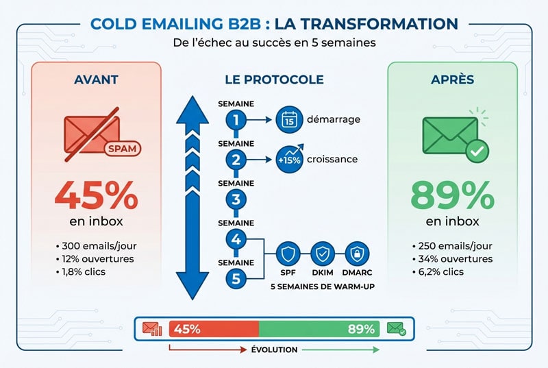 Cold emailing B2B : passer de 45 % à 89 % d’inbox en 5 semaines