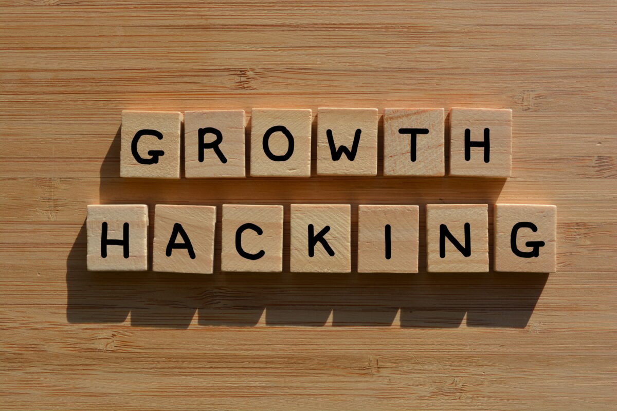 Hacking de croissance. Phrase commerciale en lettres alphabétiques en bois en 3D sur fond de bois.