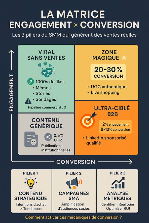 La matrice engagement vs conversion : comprendre les 3 piliers du SMM qui génèrent des ventes
